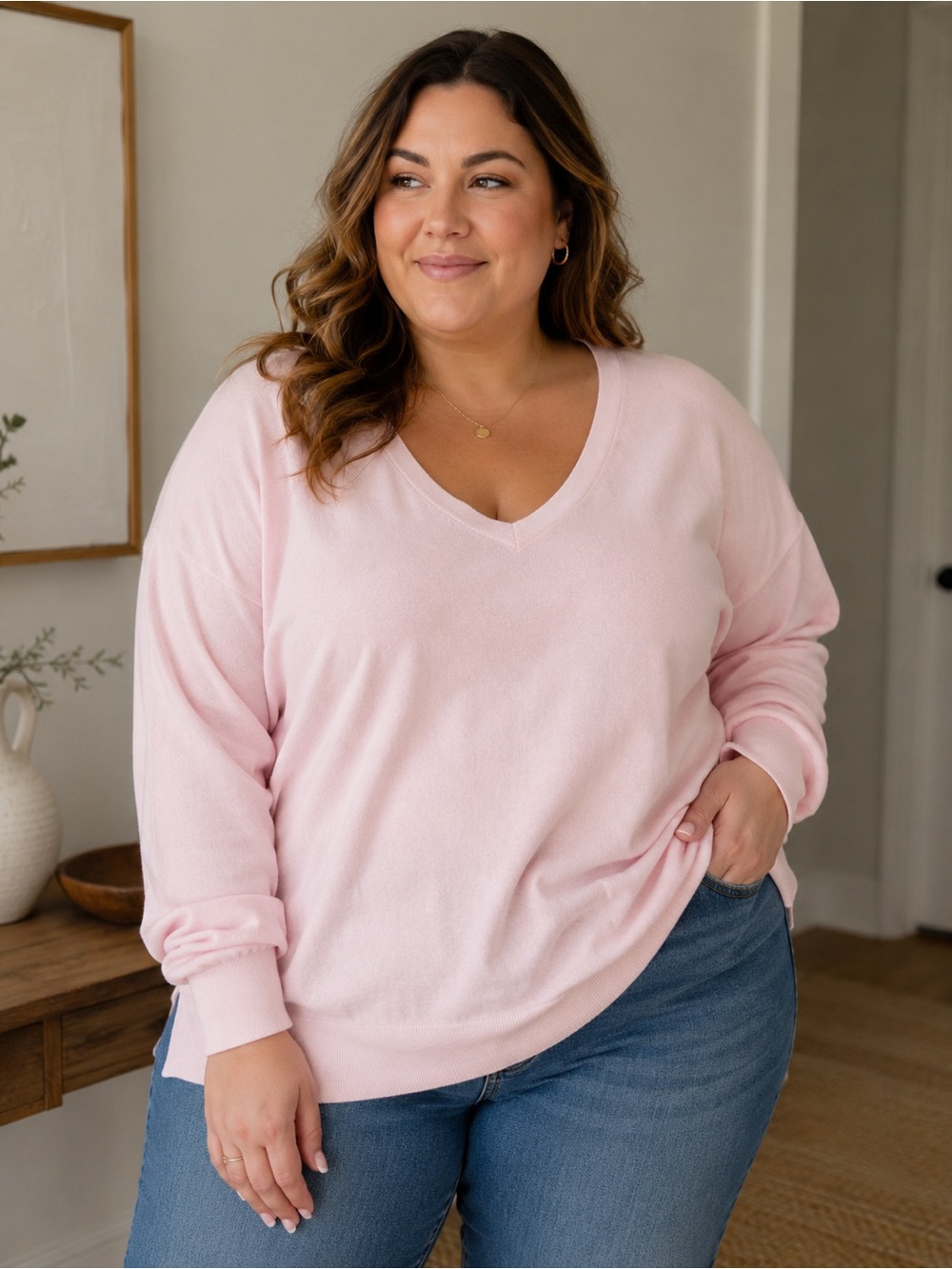 Old Navy Women's Plus Size Light Pink V-Neck Cotton Blend Sweater, Size 2X